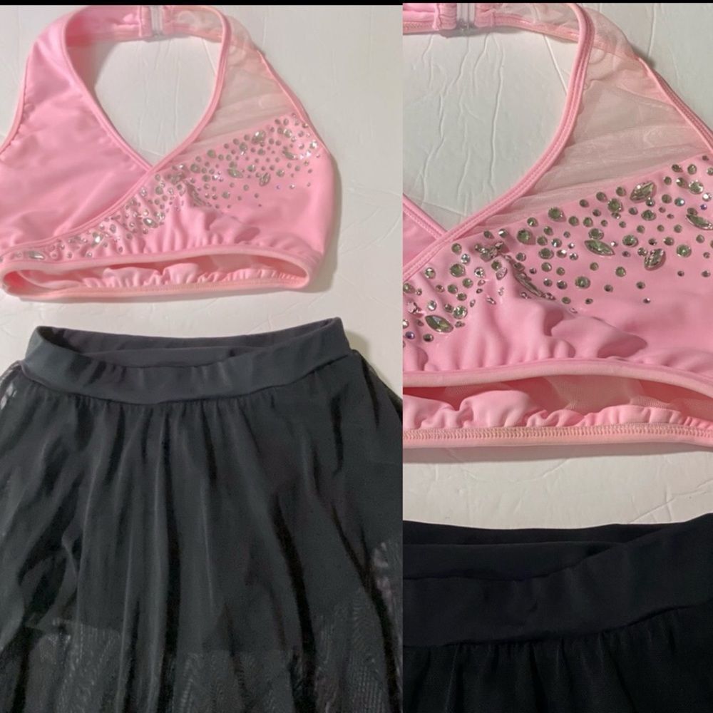 LA dance solo custom pink top 2 piece rhinestoned costume illusion SA adult